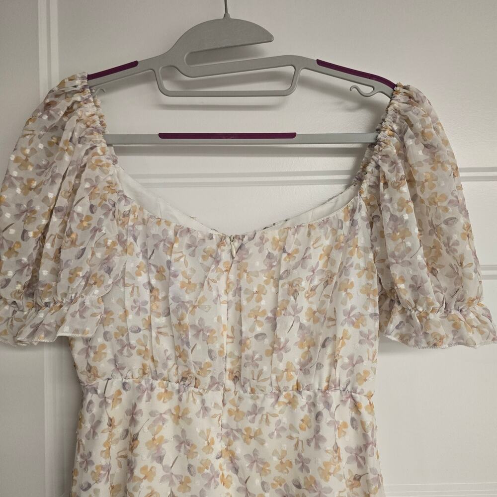 Women's Simplee Swiss Dot Floral Off the Shoulder Puff Sleeve Dress | Size Small - Picture 9 of 12